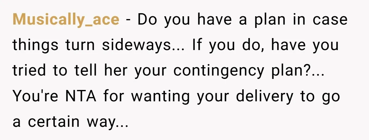 Musically_ace - Do you have a plan in case things turn sideways... If you do, have you tried to tell her your contingency plan?... You're NTA for wanting your delivery...