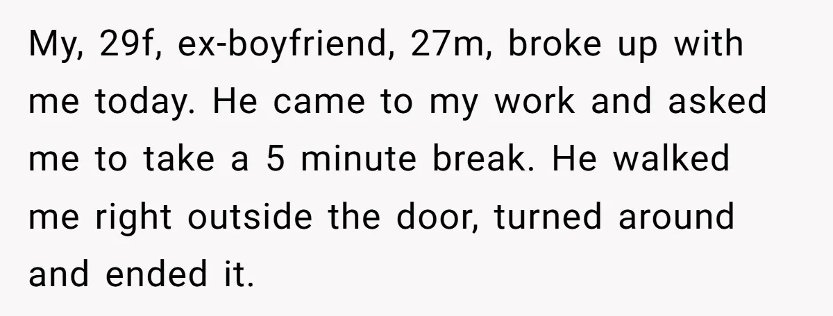 My, 29f, ex-boyfriend, 27m, broke up with me today. He came to my work and asked me to take a 5 minute break. He walked me right outside the door,...