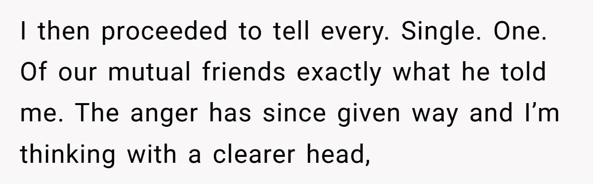 I then proceeded to tell every. Single. One. Of our mutual friends exactly what he told me. The anger has since given way and I’m thinking with a clearer head,