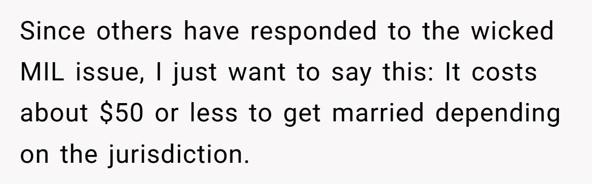Since others have responded to the wicked MIL issue, I just want to say this: It costs about $50 or less to get married depending on the jurisdiction.