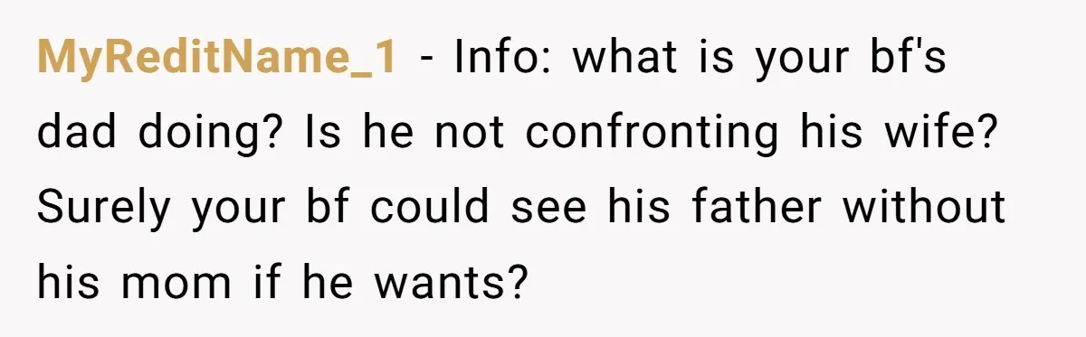 MyReditName_1 - Info: what is your bf's dad doing? Is he not confronting his wife? Surely your bf could see his father without his mom if he wants?
