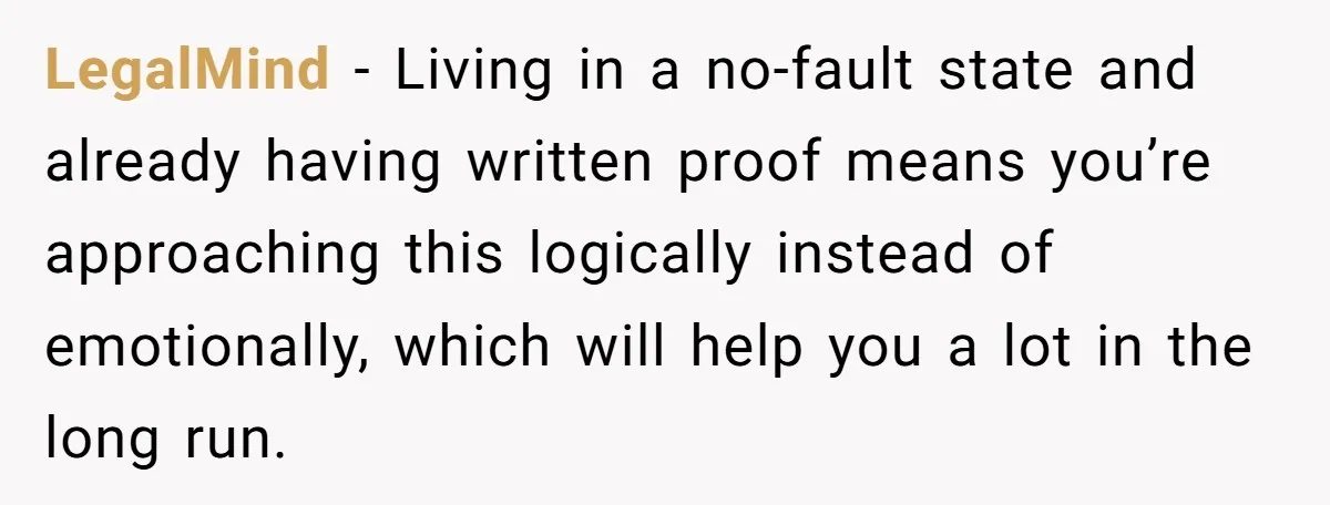 LegalMind − Living in a no-fault state and already having written proof means you’re approaching this logically instead of emotionally, which will help you a lot in the long run.