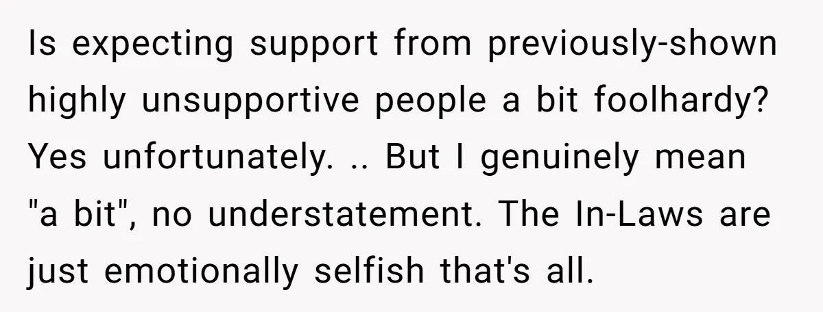Is expecting support from previously-shown highly unsupportive people a bit foolhardy? Yes unfortunately. .. But I genuinely mean "a bit", no understatement. The In-Laws are just emotionally selfish that's all.