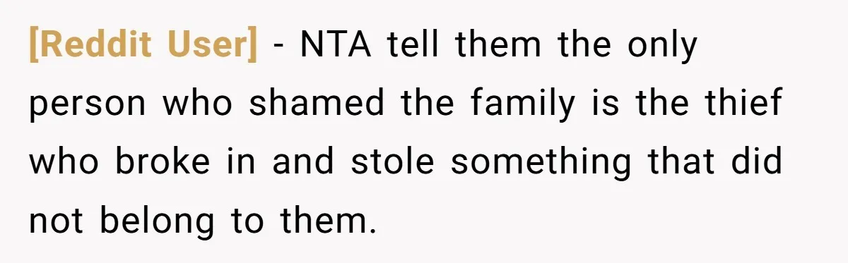 [Reddit User] − NTA tell them the only person who shamed the family is the thief who broke in and stole something that did not belong to them.