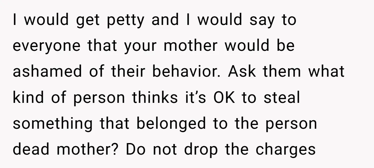 I would get petty and I would say to everyone that your mother would be ashamed of their behavior. Ask them what kind of person thinks it’s OK to steal...