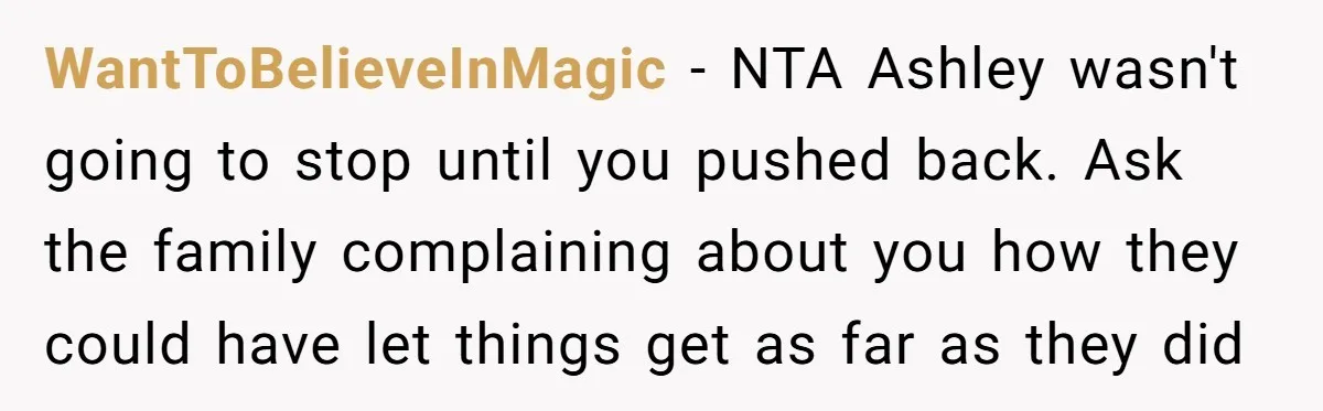WantToBelieveInMagic − NTA Ashley wasn't going to stop until you pushed back. Ask the family complaining about you how they could have let things get as far as they did