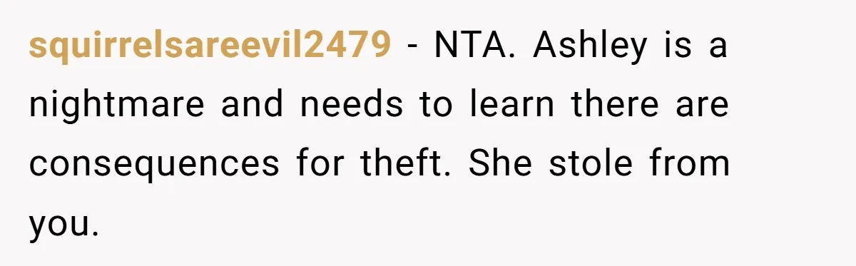 squirrelsareevil2479 − NTA. Ashley is a nightmare and needs to learn there are consequences for theft. She stole from you.