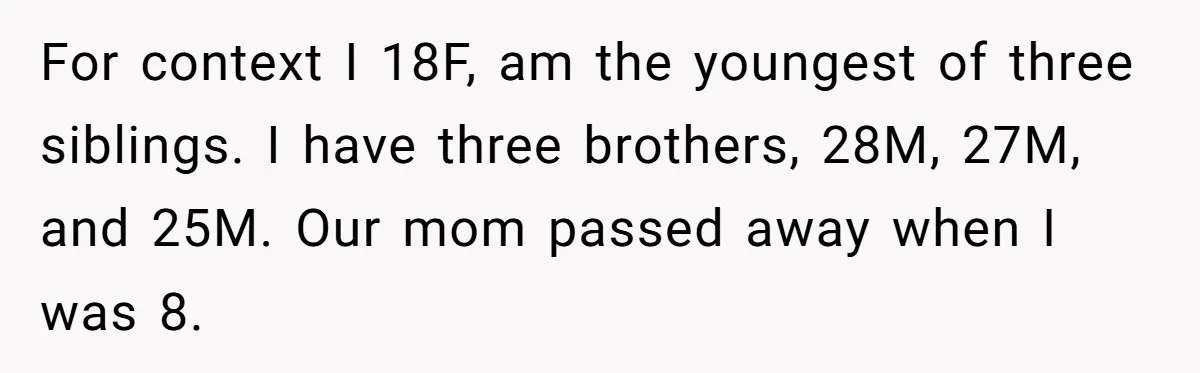 For context I 18F, am the youngest of three siblings. I have three brothers, 28M, 27M, and 25M. Our mom passed away when I was 8.