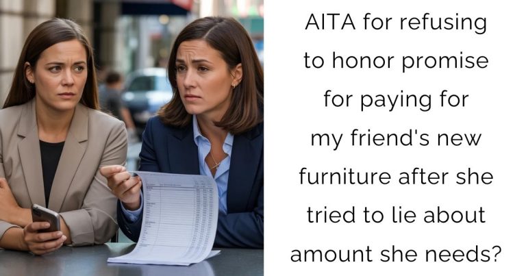 AITA for refusing to honor promise for paying for my friend’s new furniture after she tried to lie about amount she needs?