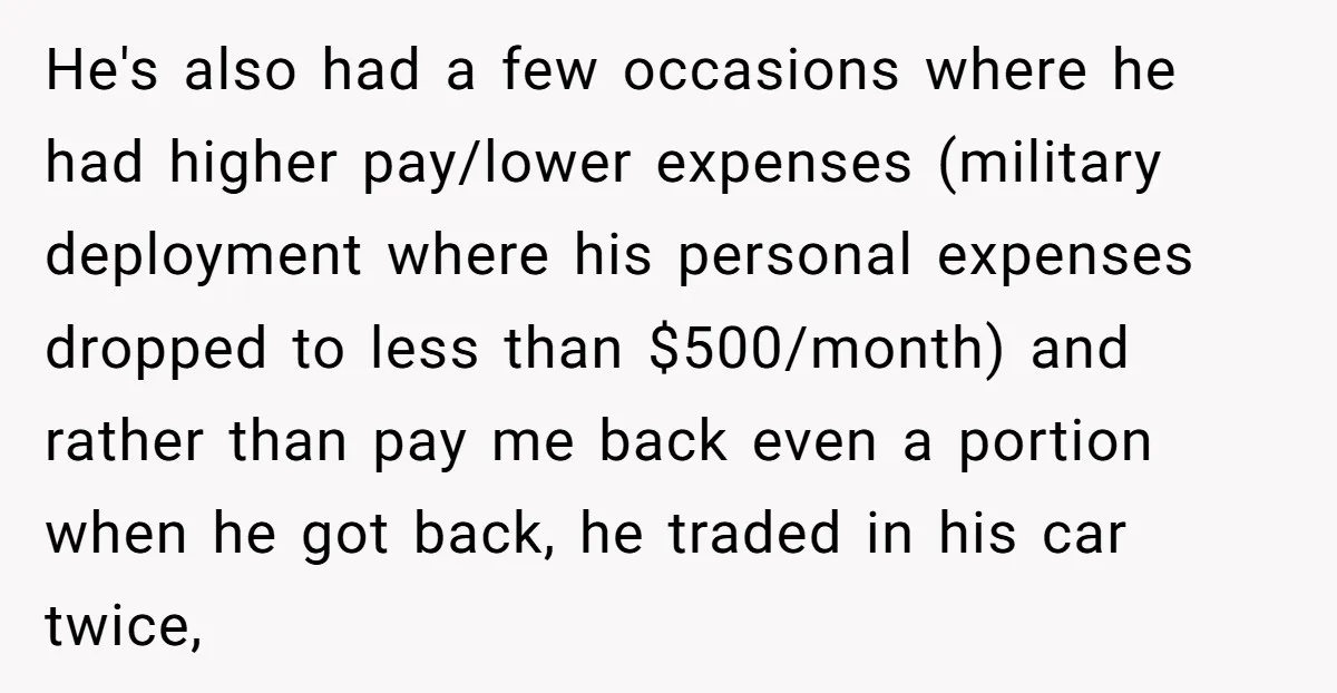 He's also had a few occasions where he had higher pay/lower expenses (military deployment where his personal expenses dropped to less than $500/month) and rather than pay me back even...