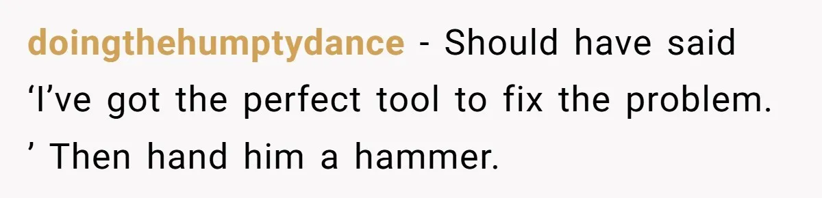 doingthehumptydance − Should have said ‘I’ve got the perfect tool to fix the problem. ’ Then hand him a hammer.