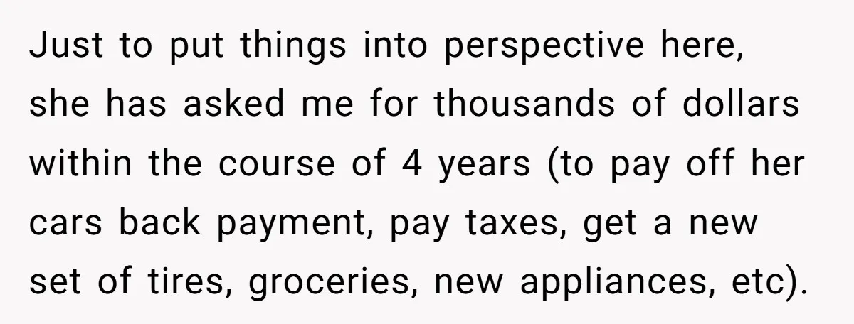 Just to put things into perspective here, she has asked me for thousands of dollars within the course of 4 years (to pay off her cars back payment, pay taxes,...