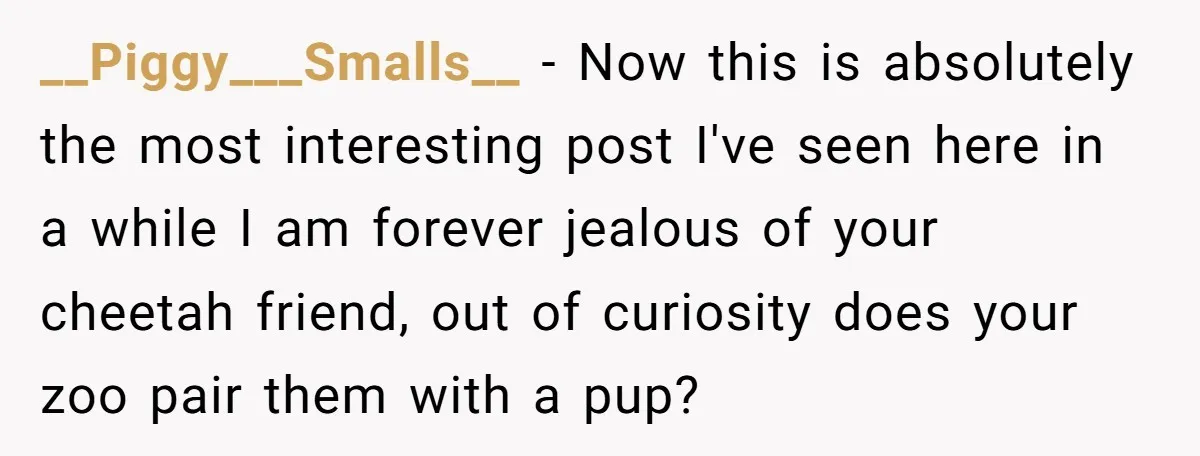 __Piggy___Smalls__ − Now this is absolutely the most interesting post I've seen here in a while I am forever jealous of your cheetah friend, out of curiosity does your zoo...