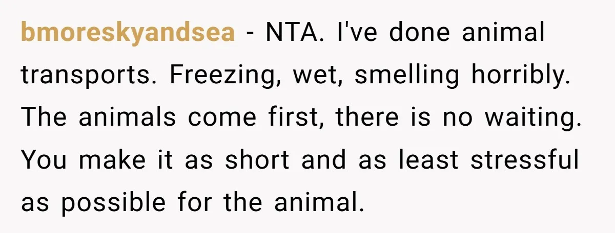 bmoreskyandsea − NTA. I've done animal transports. Freezing, wet, smelling horribly. The animals come first, there is no waiting. You make it as short and as least stressful as possible...
