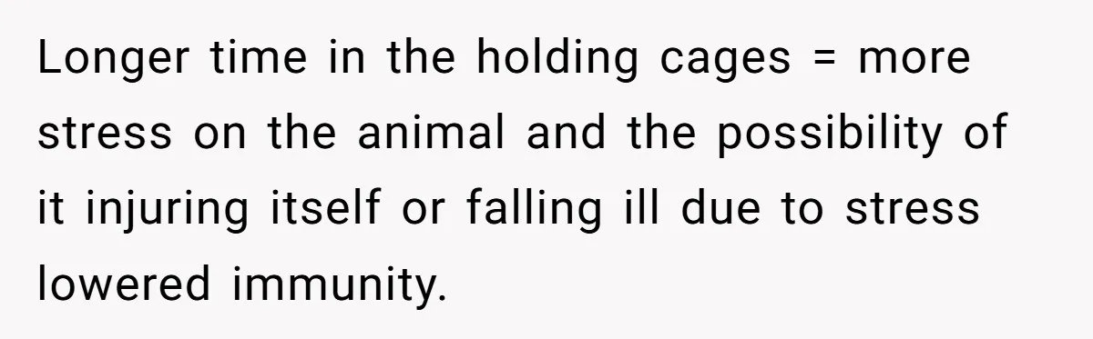 Longer time in the holding cages = more stress on the animal and the possibility of it injuring itself or falling ill due to stress lowered immunity.