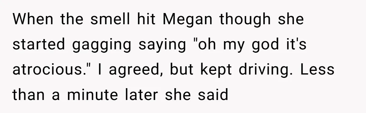 When the smell hit Megan though she started gagging saying "oh my god it's atrocious." I agreed, but kept driving. Less than a minute later she said