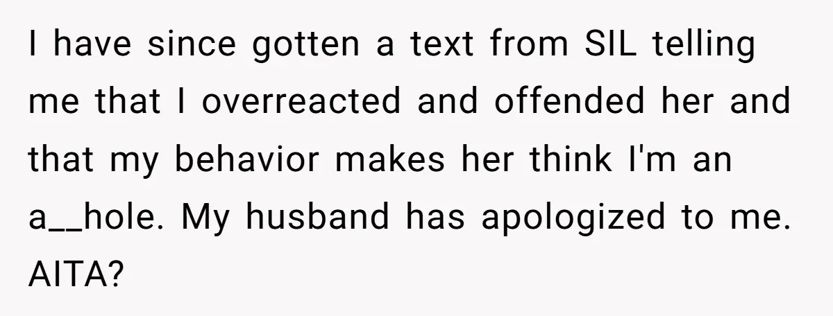 I have since gotten a text from SIL telling me that I overreacted and offended her and that my behavior makes her think I'm an a__hole. My husband has apologized...