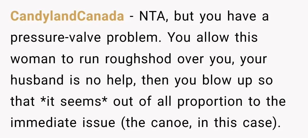 CandylandCanada − NTA, but you have a pressure-valve problem. You allow this woman to run roughshod over you, your husband is no help, then you blow up so that *it...