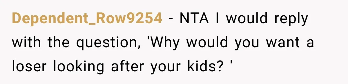 Dependent_Row9254 − NTA I would reply with the question, 'Why would you want a loser looking after your kids? '