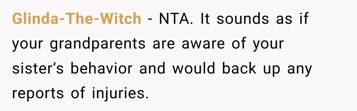 Glinda-The-Witch − NTA. It sounds as if your grandparents are aware of your sister‘s behavior and would back up any reports of injuries.