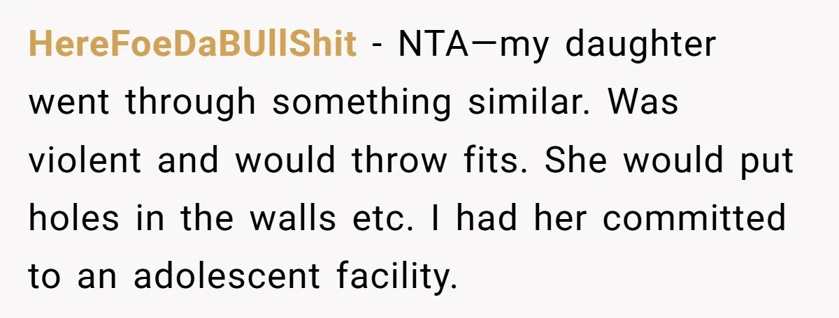 HereFoeDaBUllShit − NTA—my daughter went through something similar. Was violent and would throw fits. She would put holes in the walls etc. I had her committed to an adolescent facility.