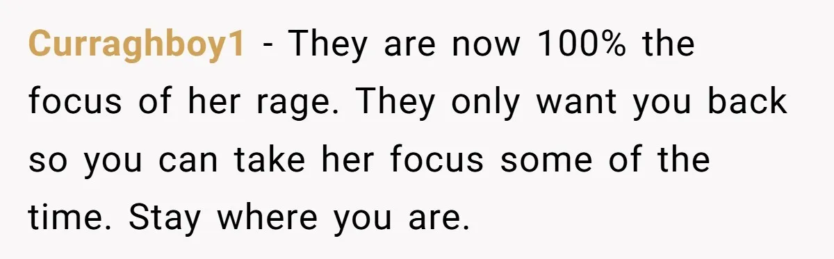 Curraghboy1 − They are now 100% the focus of her rage. They only want you back so you can take her focus some of the time. Stay where you are.