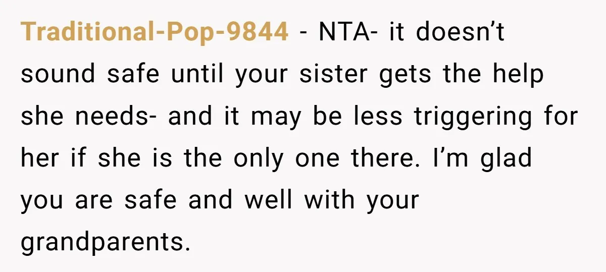 Traditional-Pop-9844 − NTA- it doesn’t sound safe until your sister gets the help she needs- and it may be less triggering for her if she is the only one there....