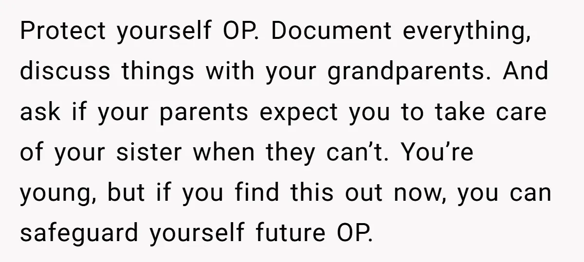 Protect yourself OP. Document everything, discuss things with your grandparents. And ask if your parents expect you to take care of your sister when they can’t. You’re young, but if...