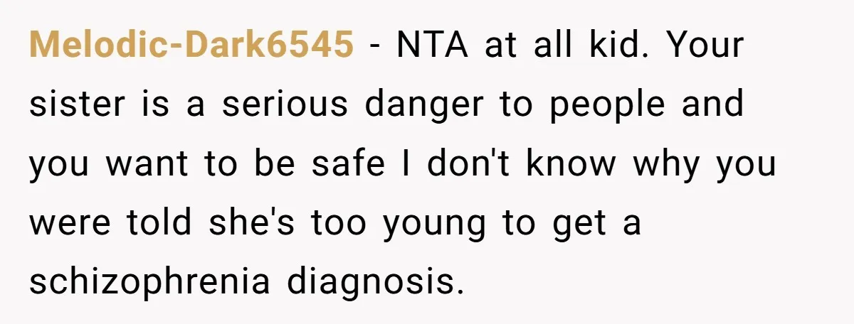 Melodic-Dark6545 − NTA at all kid. Your sister is a serious danger to people and you want to be safe I don't know why you were told she's too young...