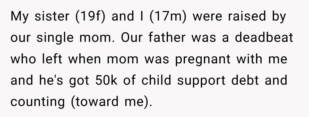 My sister (19f) and I (17m) were raised by our single mom. Our father was a deadbeat who left when mom was pregnant with me and he's got 50k of...