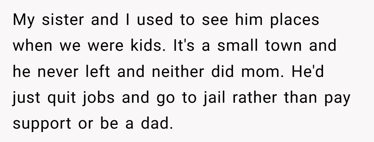 My sister and I used to see him places when we were kids. It's a small town and he never left and neither did mom. He'd just quit jobs and...