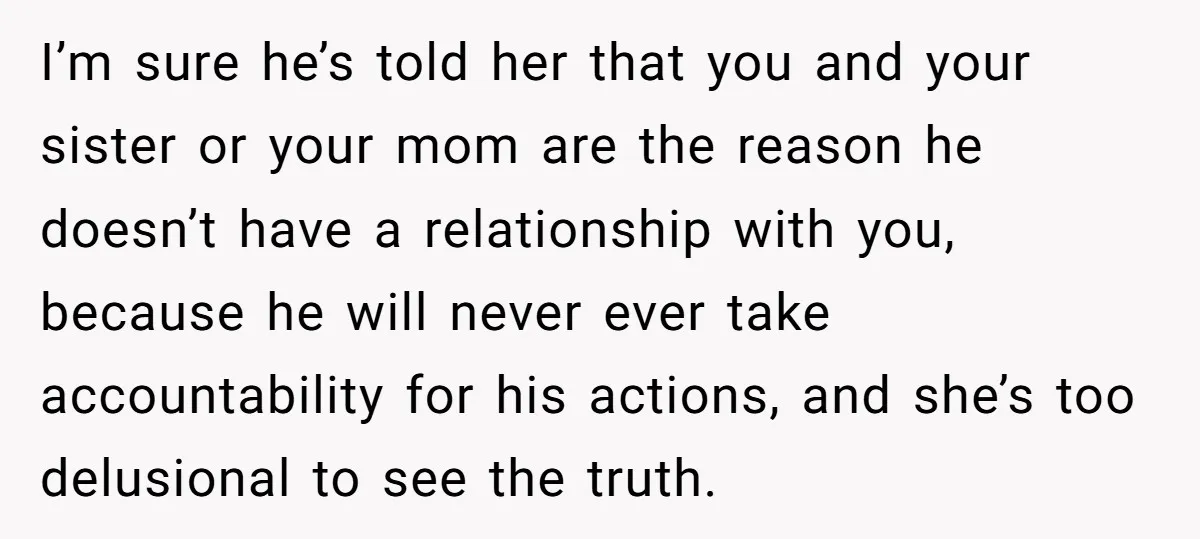 I’m sure he’s told her that you and your sister or your mom are the reason he doesn’t have a relationship with you, because he will never ever take accountability...