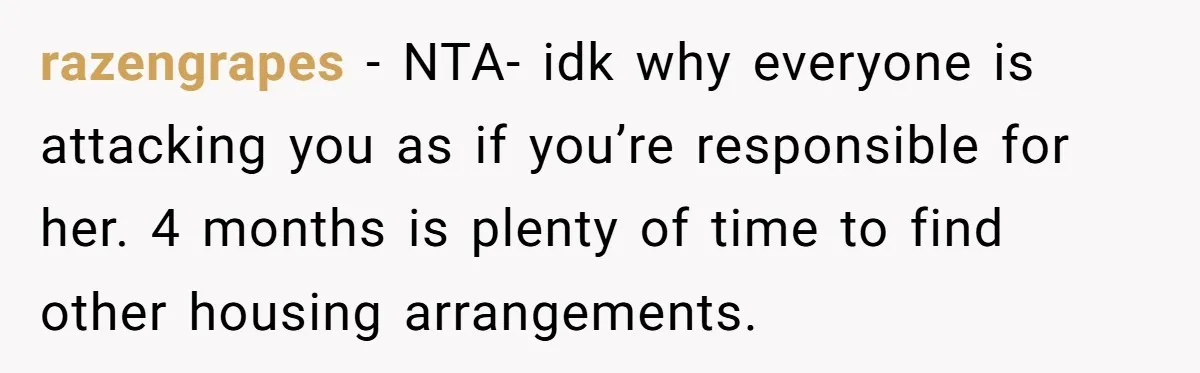 razengrapes − NTA- idk why everyone is attacking you as if you’re responsible for her. 4 months is plenty of time to find other housing arrangements.