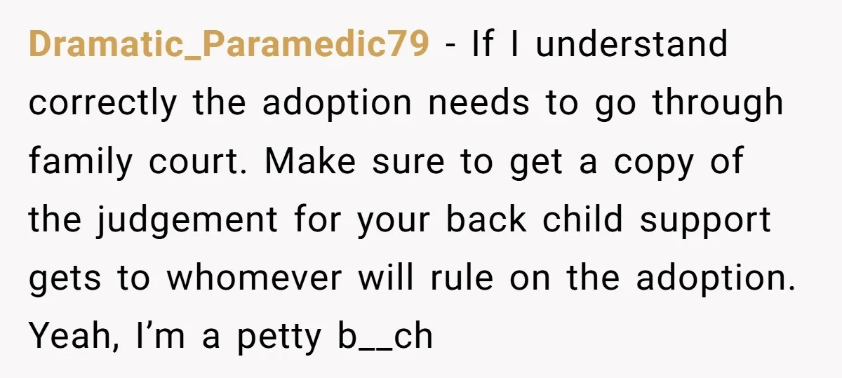 Dramatic_Paramedic79 − If I understand correctly the adoption needs to go through family court. Make sure to get a copy of the judgement for your back child support gets to...