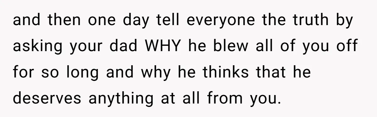 and then one day tell everyone the truth by asking your dad WHY he blew all of you off for so long and why he thinks that he deserves anything...