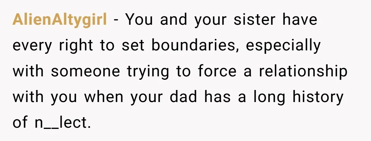 AlienAltygirl − You and your sister have every right to set boundaries, especially with someone trying to force a relationship with you when your dad has a long history of...