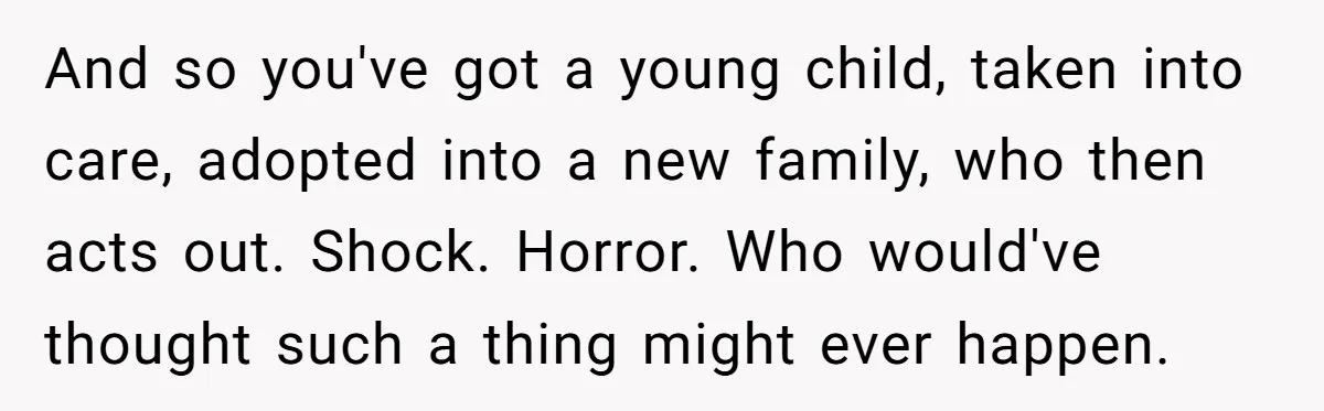 And so you've got a young child, taken into care, adopted into a new family, who then acts out. Shock. Horror. Who would've thought such a thing might ever happen.