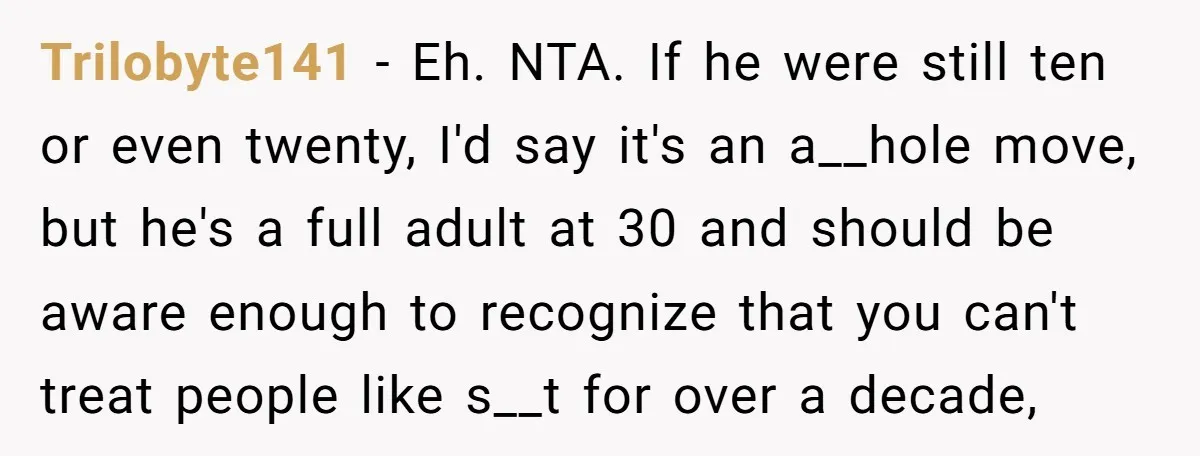 Trilobyte141 − Eh. NTA. If he were still ten or even twenty, I'd say it's an a__hole move, but he's a full adult at 30 and should be aware enough...