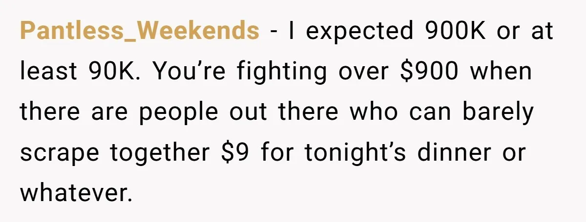 Pantless_Weekends − I expected 900K or at least 90K. You’re fighting over $900 when there are people out there who can barely scrape together $9 for tonight’s dinner or whatever.