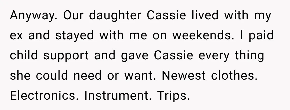 Anyway. Our daughter Cassie lived with my ex and stayed with me on weekends. I paid child support and gave Cassie every thing she could need or want. Newest clothes....