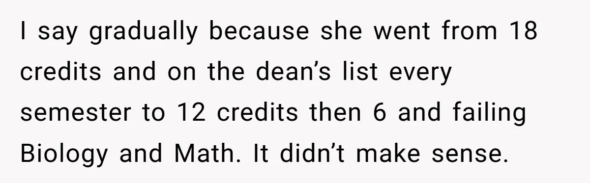 I say gradually because she went from 18 credits and on the dean’s list every semester to 12 credits then 6 and failing Biology and Math. It didn’t make sense.