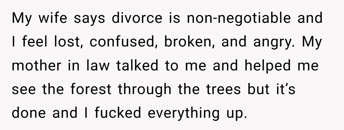 My wife says divorce is non-negotiable and I feel lost, confused, broken, and angry. My mother in law talked to me and helped me see the forest through the trees...