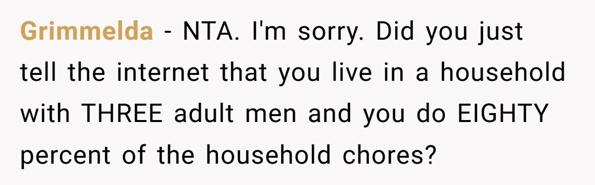 Grimmelda − NTA. I'm sorry. Did you just tell the internet that you live in a household with THREE adult men and you do EIGHTY percent of the household chores?