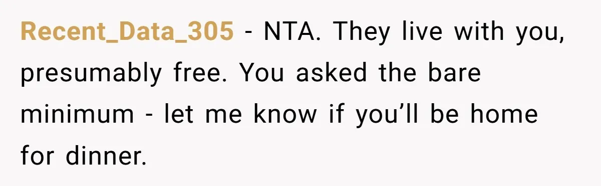 Recent_Data_305 − NTA. They live with you, presumably free. You asked the bare minimum - let me know if you’ll be home for dinner.