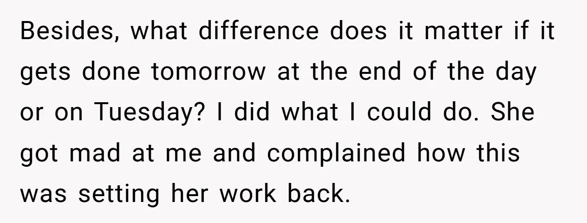 Besides, what difference does it matter if it gets done tomorrow at the end of the day or on Tuesday? I did what I could do. She got mad at...