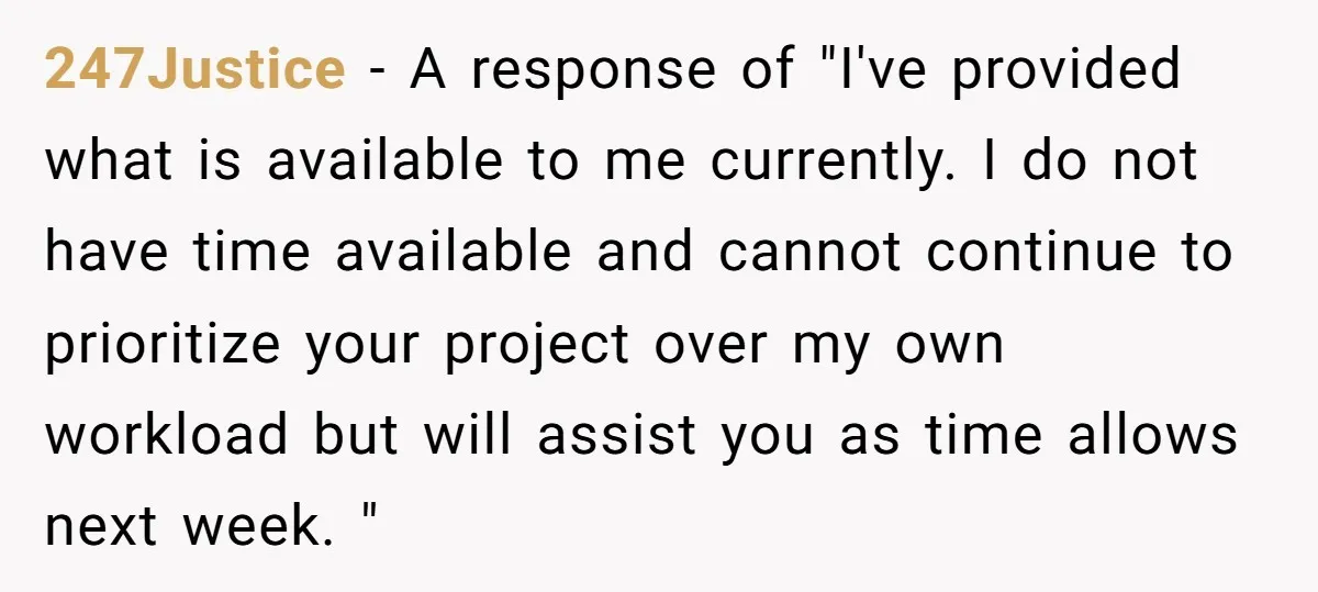247Justice − A response of "I've provided what is available to me currently. I do not have time available and cannot continue to prioritize your project over my own workload...