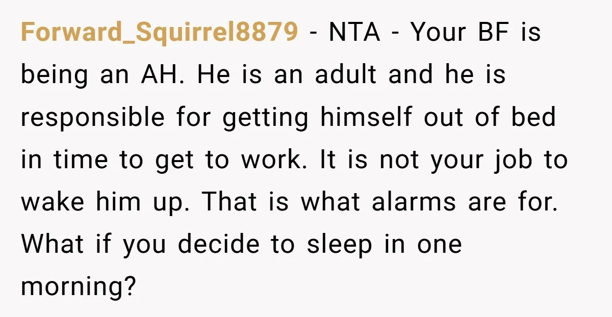 Forward_Squirrel8879 − NTA - Your BF is being an AH. He is an adult and he is responsible for getting himself out of bed in time to get to work....