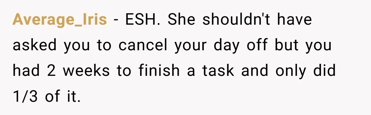 Average_Iris − ESH. She shouldn't have asked you to cancel your day off but you had 2 weeks to finish a task and only did 1/3 of it.