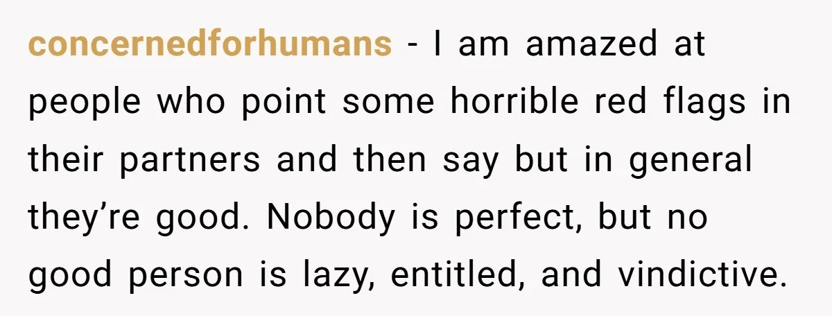 concernedforhumans − I am amazed at people who point some horrible red flags in their partners and then say but in general they’re good. Nobody is perfect, but no good...