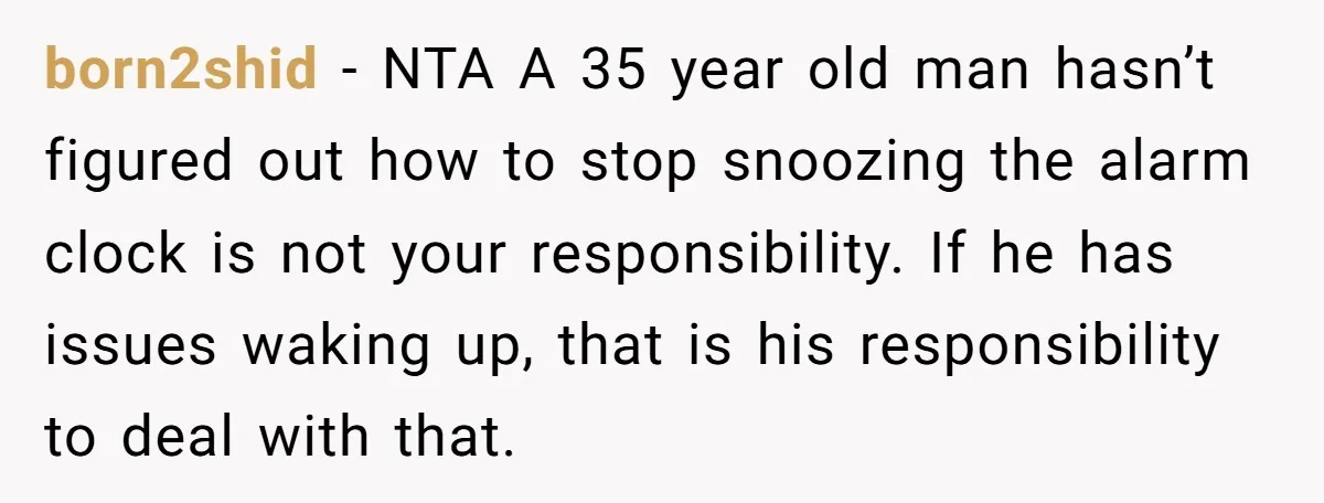 born2shid − NTA A 35 year old man hasn’t figured out how to stop snoozing the alarm clock is not your responsibility. If he has issues waking up, that is...